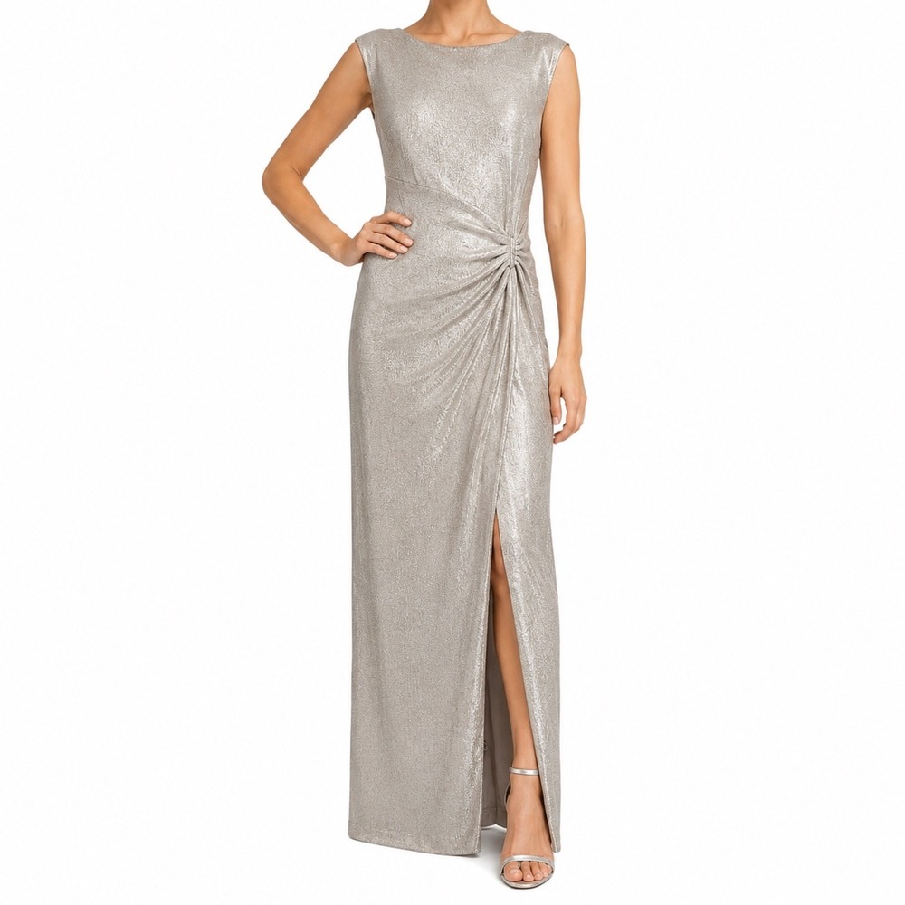 NWT Lauren Ralph Lauren Gown 12 Champagne Metallic Ruched Side Slit Dress